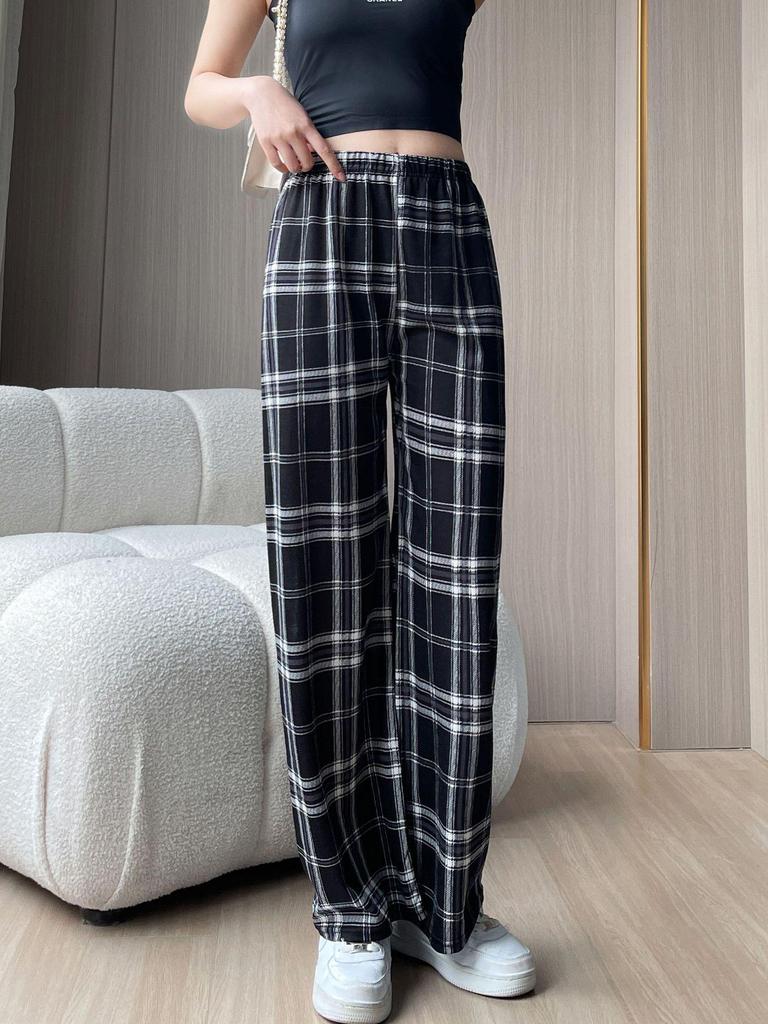 Plaid High-Waist Wide Leg Pants - Lightweight, Versatile, Plus Size, Women's Slimming Loose Fit, Spring/Summer Style.
