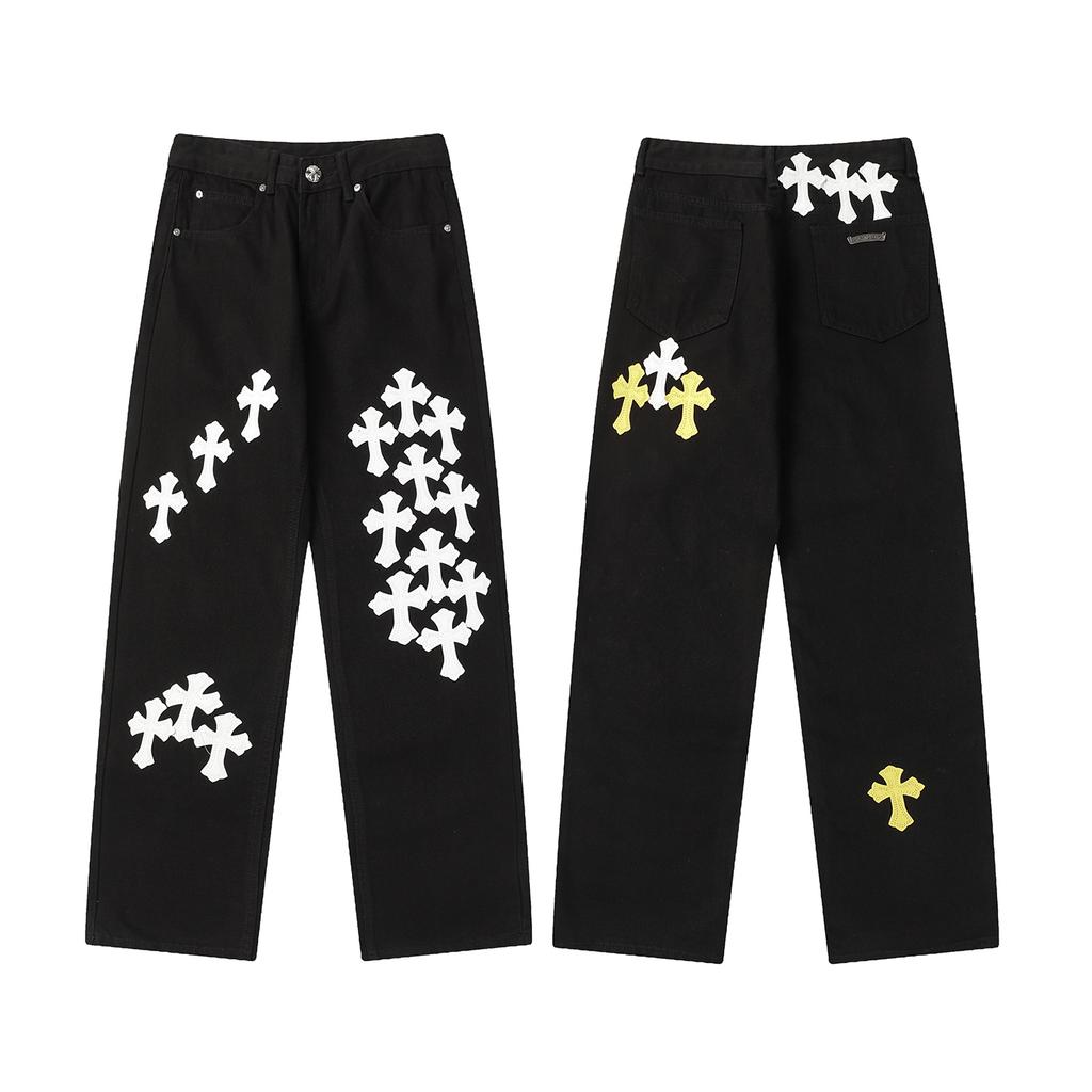 9906 CHROME HEARTS Мужские и женские модные джинсы в американском стиле с тканевыми нашивками, повседневные и модные брюки в стиле хай-стрит