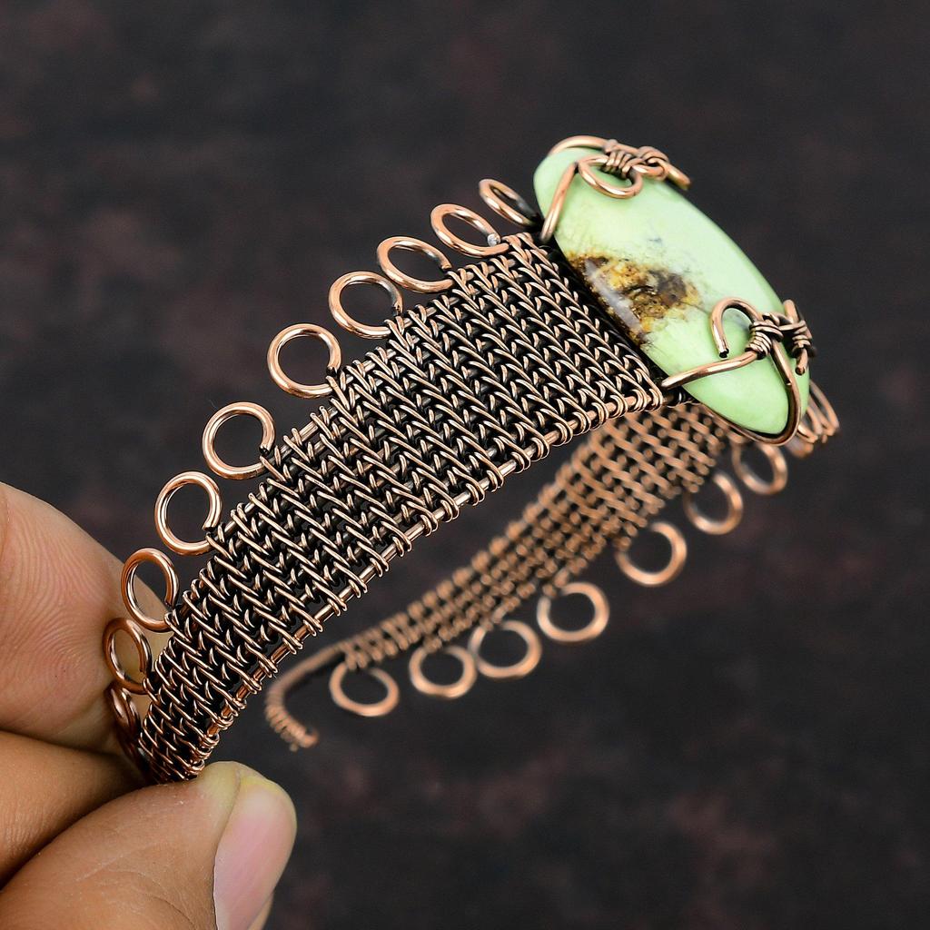 Браслет-манжета с лимонным хризопразом, браслет из медной проволоки, регулируемая манжета, браслет ручной работы с драгоценными камнями, медная проволока, ювелирный подарок для нее