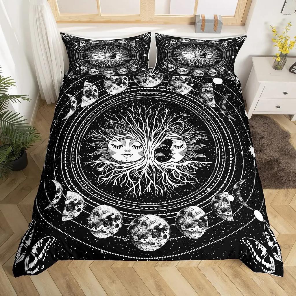 Комплект постельного белья Mandala с изображением солнца и луны, комплект постельного белья из полиэстера с черно-белым ботаническим и цветочным узором в экзотическом стиле