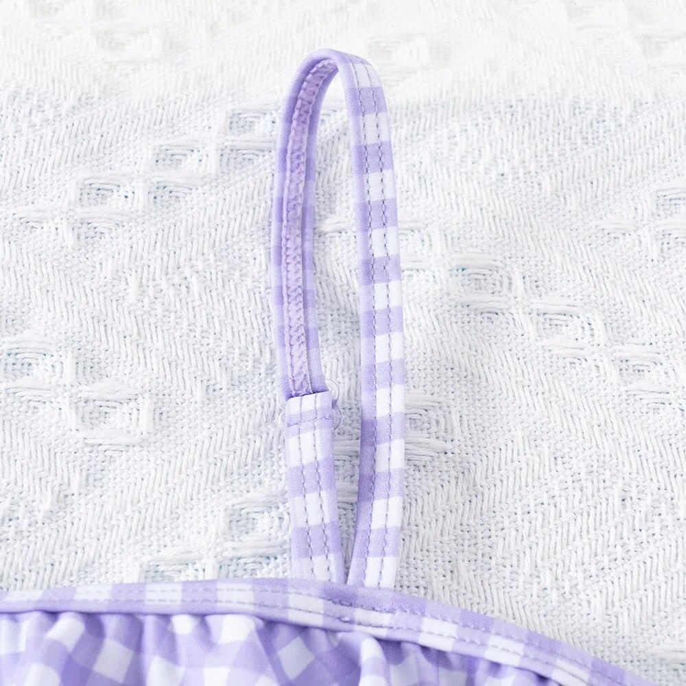 Модный цельный купальник в клетку для девочек-подростков с наклонными плечами, летние детские купальники для детей 5-14 лет, купальный костюм с рюшами для девочек