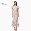 Women Fishtail Dress Round Neck Puff Short Sleeve Embroidered 3D Flower Decor Midi Dress Hip Wrapped Long Dress