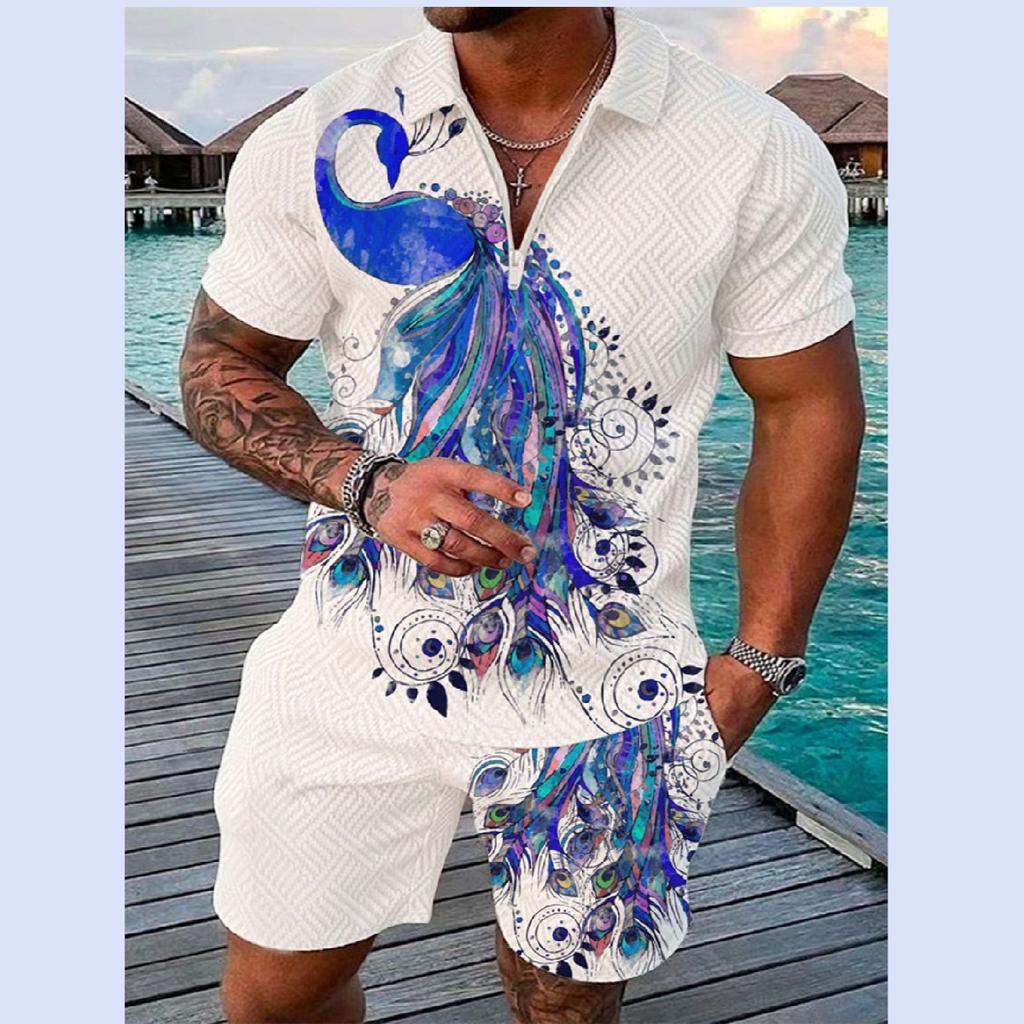 Летний тренд, мужской спортивный костюм, свободный комплект с животным 3D принтом, повседневная рубашка поло на молнии и шорты, комплект из 2 предметов, комплект мужской одежды, спортивный костюм