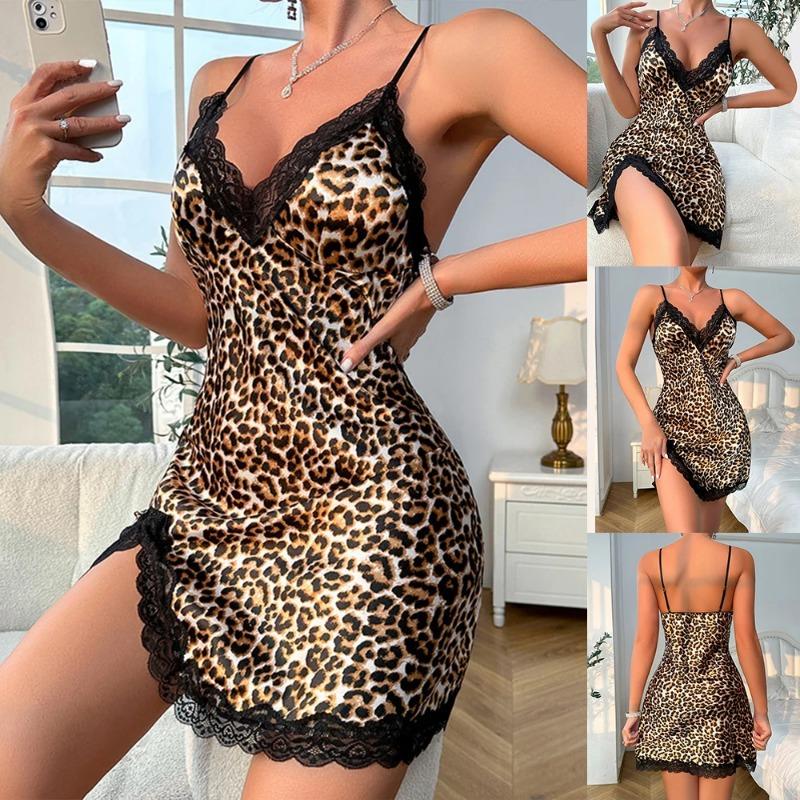 Women Pajama Sexy Leopard Dress Nightdress Side Split Lace Sleep Dress Female Lingerie Nightgown Homewear Clothing