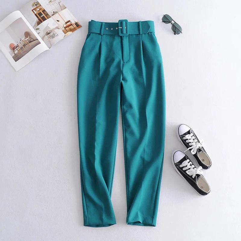 Pants Suit Women High Waist Sashes Pockets Middle Aged Long Pant