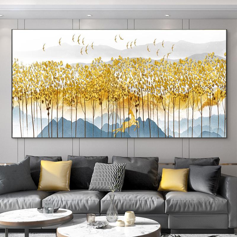 Абстрактные Листья Масляная Живопись Принт На Холсте Текстура Золотые и Серебряные Деревья Настенное Искусство Современный Домашний Декор Декор Стен Гостиной