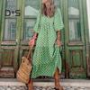 Bohemian Floral Print Dress Women V Neck A-line Maxi Beach Dress with Puff Sleeves Casual Loose Printed High Waist Swing Hem Dress for Beach Party