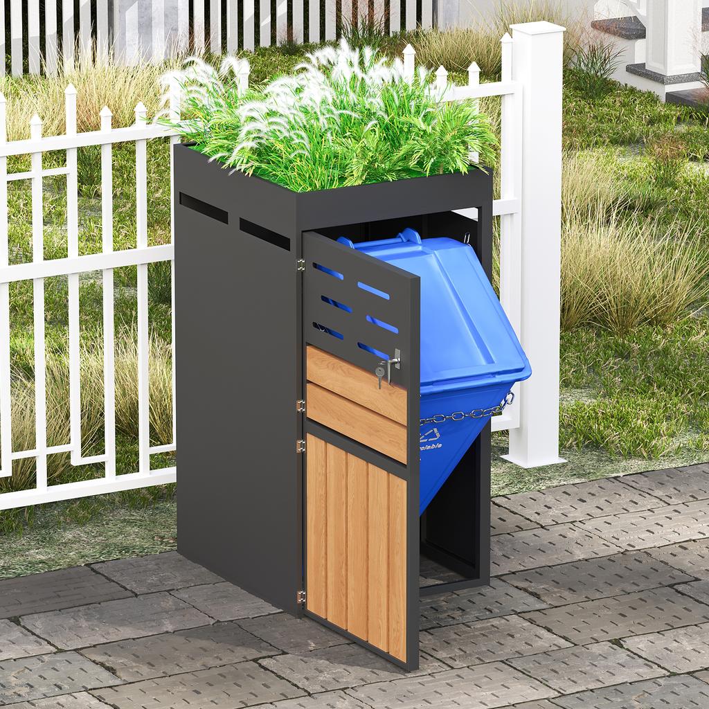 Outdoor Cabinet, Planter Box, Louvered Ventilation, Steel Frame, Lockable Doors, Security Chain, Storage & Garden Decoration, Without Trash Can