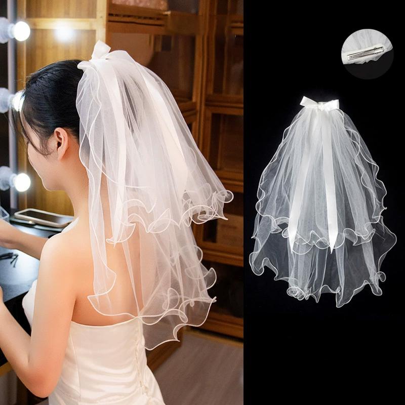 1 шт. Свадебная фата с кружевной кромкой, короткая, элегантный бант, жемчуг, свадебные аксессуары, двухслойная, белая, из тюля для женщин