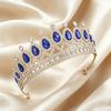 Blue Sapphire Floral Bridal Jewelry Gold Tiara Crown Necklace Earrings Elegant Royal Accessories Wedding Prom Formal Occasions