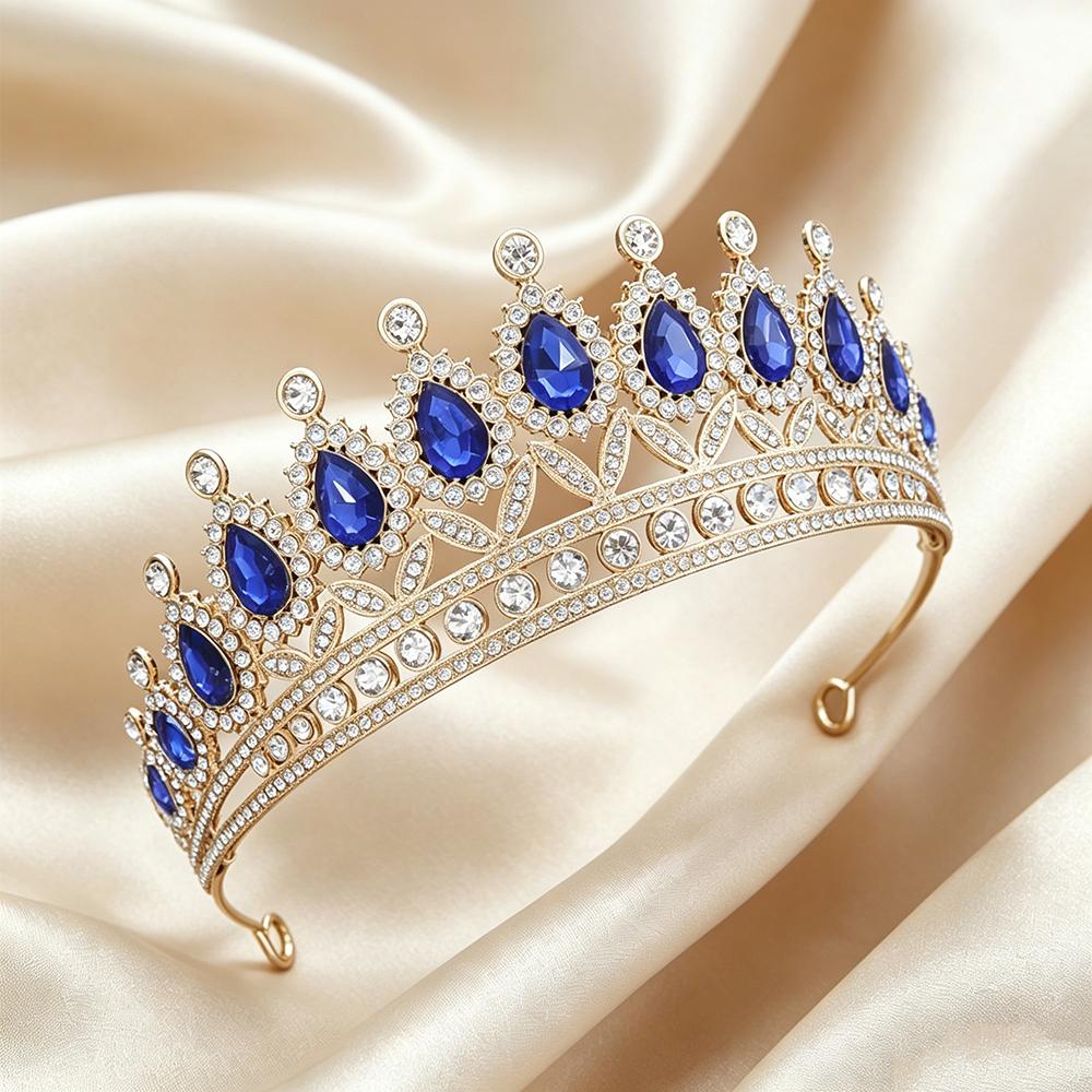 Blue Sapphire Floral Bridal Jewelry Gold Tiara Crown Necklace Earrings Elegant Royal Accessories Wedding Prom Formal Occasions