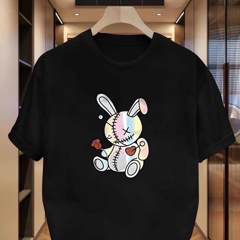 Patchwork Bunny Doll Graphic Print T-Shirt,Lightweight T-Shirt Breathable Cool, Comfortable Wear