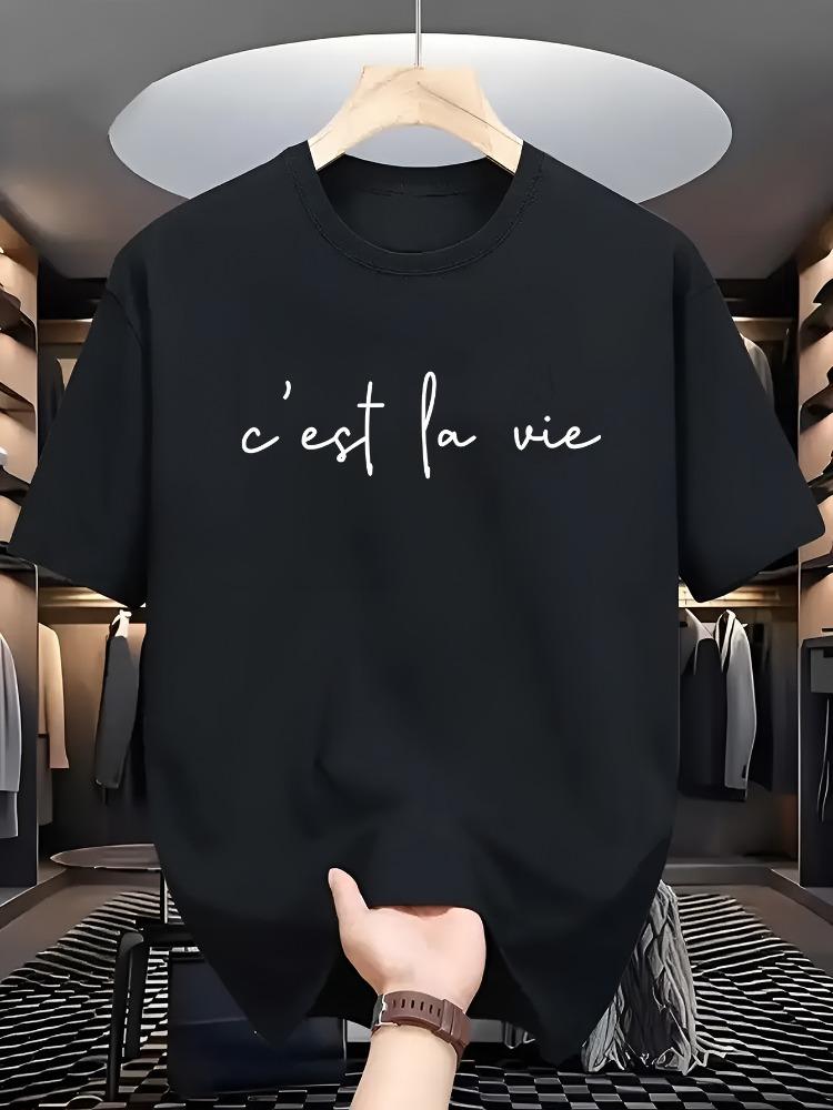 Unisex O Neck Tee French Slogan Handwriting Letter Print Cotton Short Sleeve Loose Summer Breathable Daily Casual Basic Wear Top
