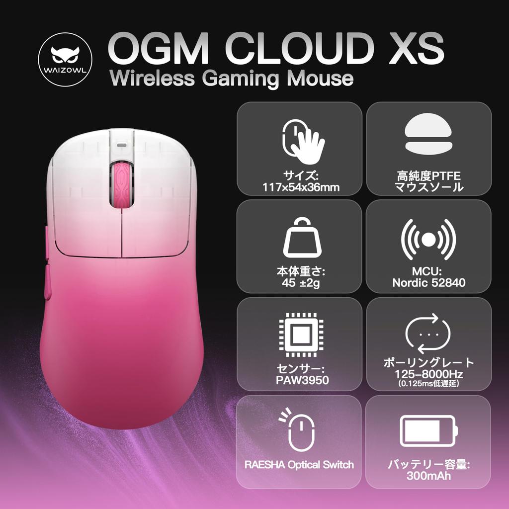 Waizowl OGM Cloud XS Wireless Gaming Mouse with PAW3950 High-Performance Sensor, 8000Hz Polling Rate, Feather Coding 3.0, Lightweight 45g, No Holes,