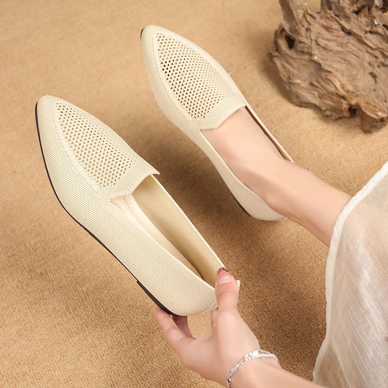 Spring and Autumn New Outwear Solid Color Shallow Pointed Toe Shoes Women's Knitted Comfort Flat Shoes Women