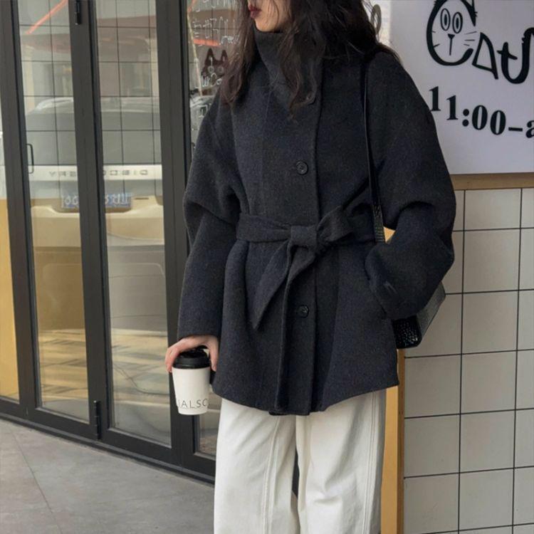 2025 Женское пальто из шерсти петит двустороннее - Короткий воротник-стойка Осенне-зимний стиль со спандексом.