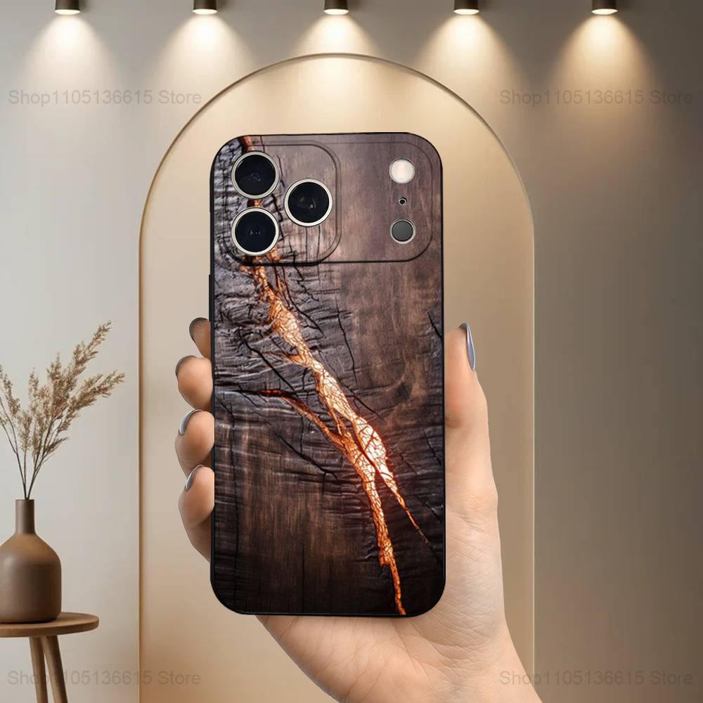 Flame Wood Grain Art Case For iPhone 17,16,15,14,13,12,11 Air,Plus,Pro Max,XS,X,XR,SE,Mini,8,7,Soft Silicone Black Cover