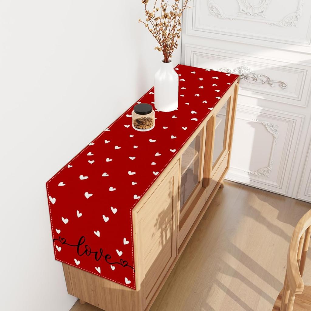 Linen Red Heart Love Valentines Day Table Runner 72 Inches Long Valentine's Day Decor Galentines Day Valentines Day Home Kitchen Dining Room Table
