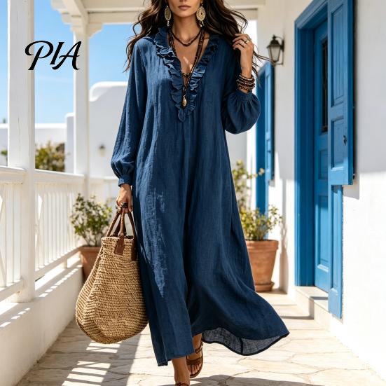 Women Casual Dresses Ruffle V Neck Long Dress, Loose Fit Midi Solid Color Sleeves Dress for Spring Autumn