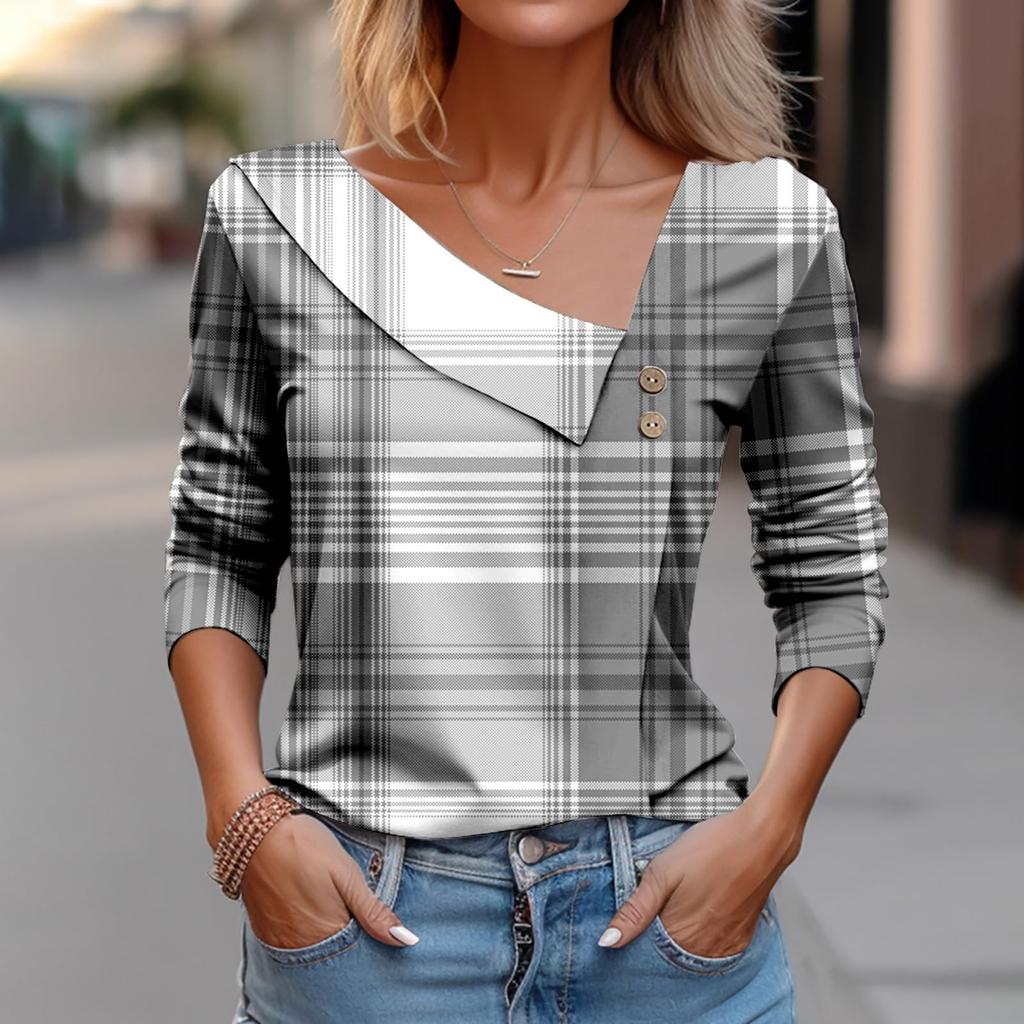 Women Tops Spring 2024 Long Sleeve V Neck Loose Shirts Plaid Print Asymmetric Button Blouses Business Casual Tunic