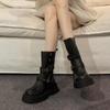 Ремень пряжка два износа ретро толстая подошва сапоги средние женские 2024 осень новый круглый нос толстый каблук корейская версия тонкие рыцарские сапоги