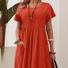 Women's Plus Size Summer Cotton Linen Dress Round Neck Short Sleeve Solid Color Pleated Pocket S-5XL