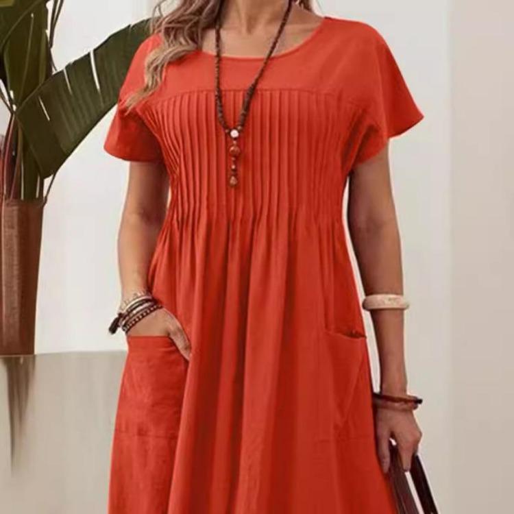 Women's Plus Size Summer Cotton Linen Dress Round Neck Short Sleeve Solid Color Pleated Pocket S-5XL