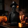 Retro Gentleman Skull with Top Hat Gothic Halloween Sculpture And Cape, Spooky Resin Prop for Display Skeleton Figurine LED Light Home Tabletop Decor