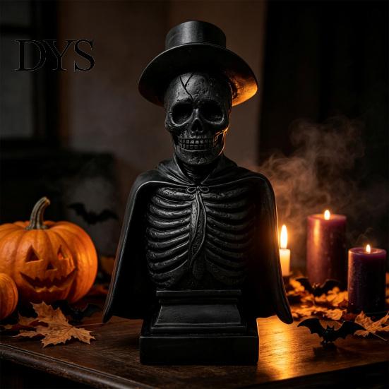 Retro Gentleman Skull with Top Hat Gothic Halloween Sculpture And Cape, Spooky Resin Prop for Display Skeleton Figurine LED Light Home Tabletop Decor