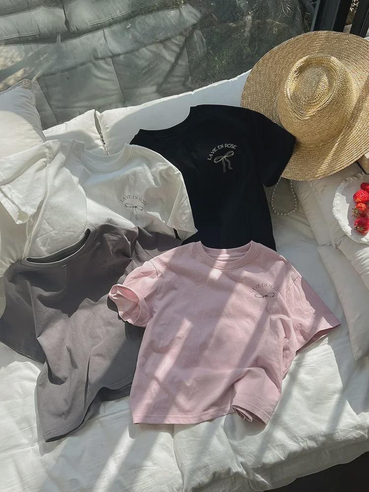 Свободное платье-футболка в корейском стиле для девочек с бантом сзади - летняя одежда с короткими рукавами, средний размер