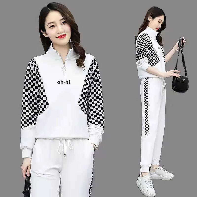 Women's Spring and Fall Plus Size Casual Sportswear Suit High Collar Long-sleeved Half-zipper Top + Drawstring Pants Two-piece Set
