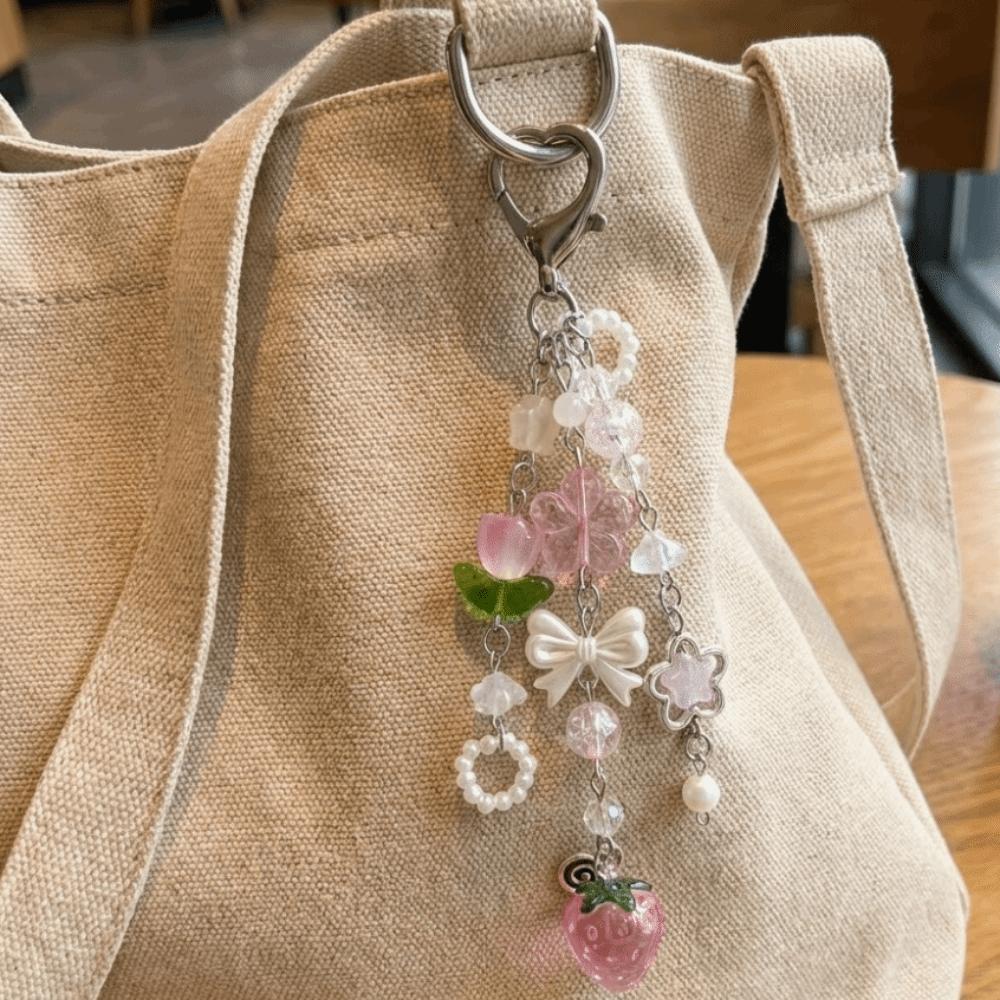 Strawberry Design Beaded Phone Chain Cute Flower Key Pendant Accessories Bag Charm Fairytale Theme