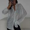 Spring Summer Solid Colour Sequins Fashion Casual Lapel Loose Long Sleeve Women's Shirt
