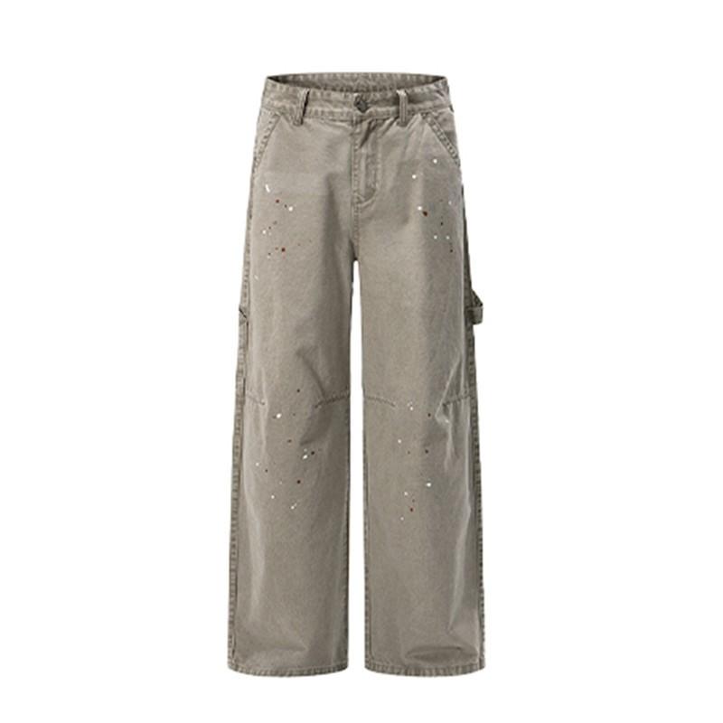 Mens Punk Style Straight Leg Cargo Pants Distressed Paint Splatter Loose Fit High Street Fashion Casual Trousers