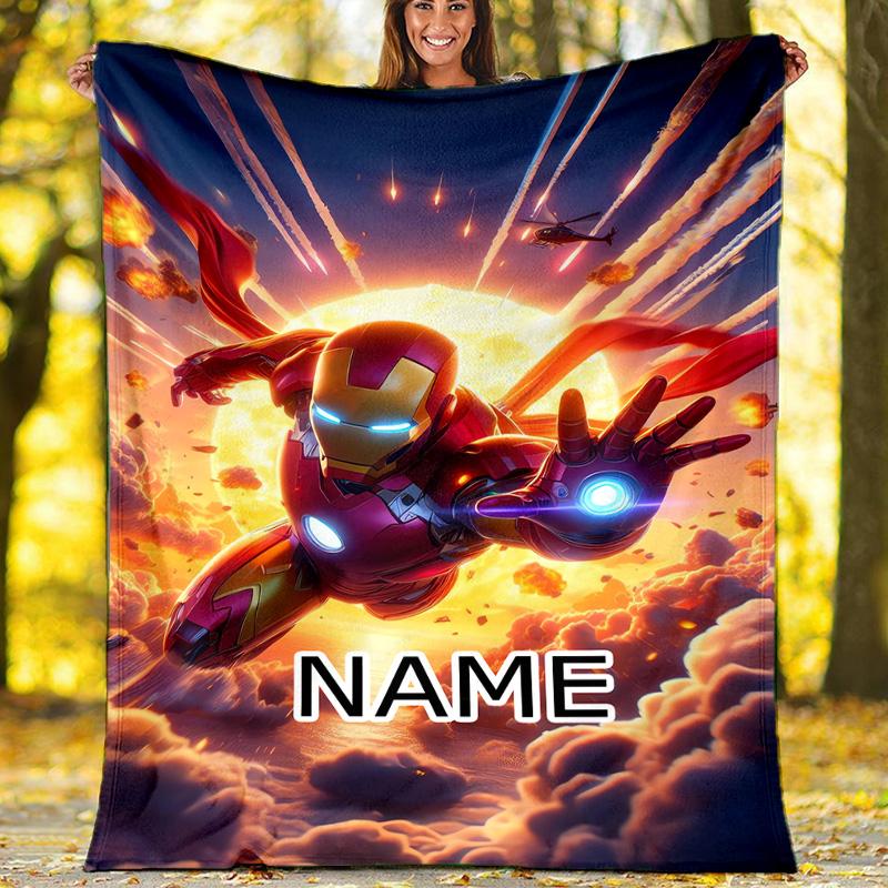 Customizable Iron Man Throw Blanket – Personalized Name, All-Season Cozy Snug Blanket, Machine Washable, Personalized Blanket