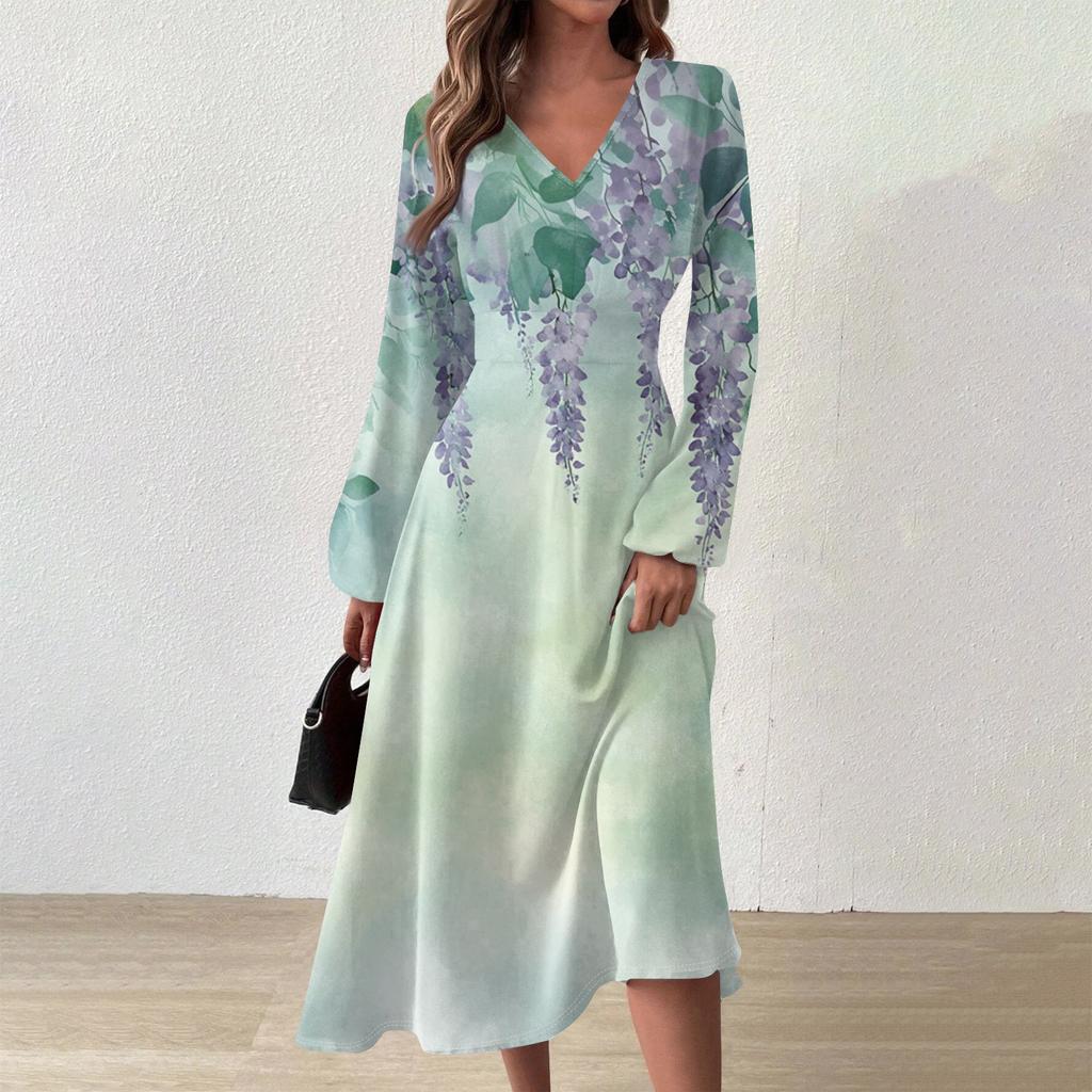 Женское повседневное модное длинное платье с V-образным вырезом и длинным рукавом с цветочным принтом
