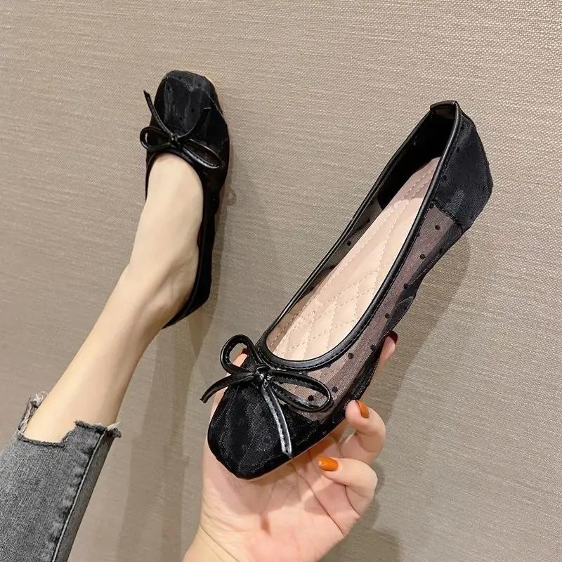 Обувь для женщин 2024 года, летняя женская обувь на плоской подошве с бантом, прозрачные черные туфли на плоской подошве с квадратным носком, по акции, нескользящая обувь 39 EA