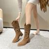 Embroidered Western Cowboy Boots Thick Heel V Hole Knight Boots Retro Size Breathable Women's Boots 41-43 Fat Mm
