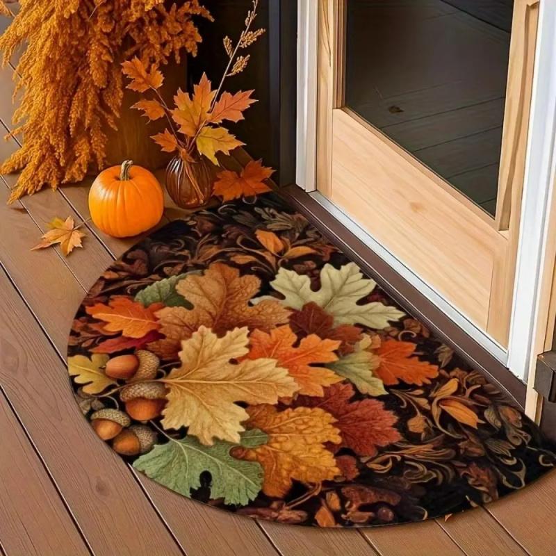 Fall Maple Leaf Half Round Doormat Non-Slip Absorbent Autumn Floor Mat for Front Door, Entryway, Thanksgiving Home Decor