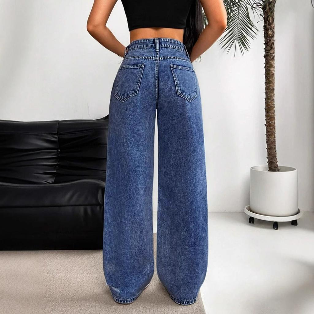 Women's High Waist Washed Women's Jeans Fashionable Versatile Straight Leg Pants