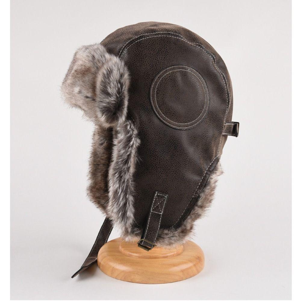 Faux Fur Lined Winter Trapper Hat Leather Snow Cap With Ear Flap Women Men Ski Ushanka