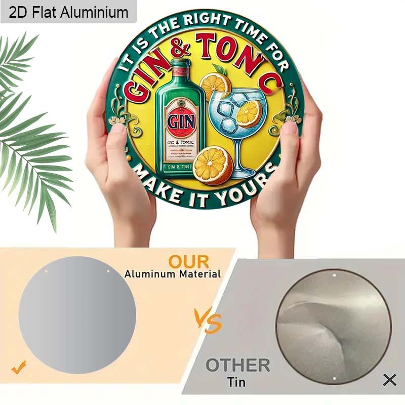 2D Flat 1pc Retro Bar Aluminum Decoration Plaque, "It's The Right Time for Gin & Tonic" Lettering Sign, Home Bar Decor, Pub Decor, Kitchen Decor