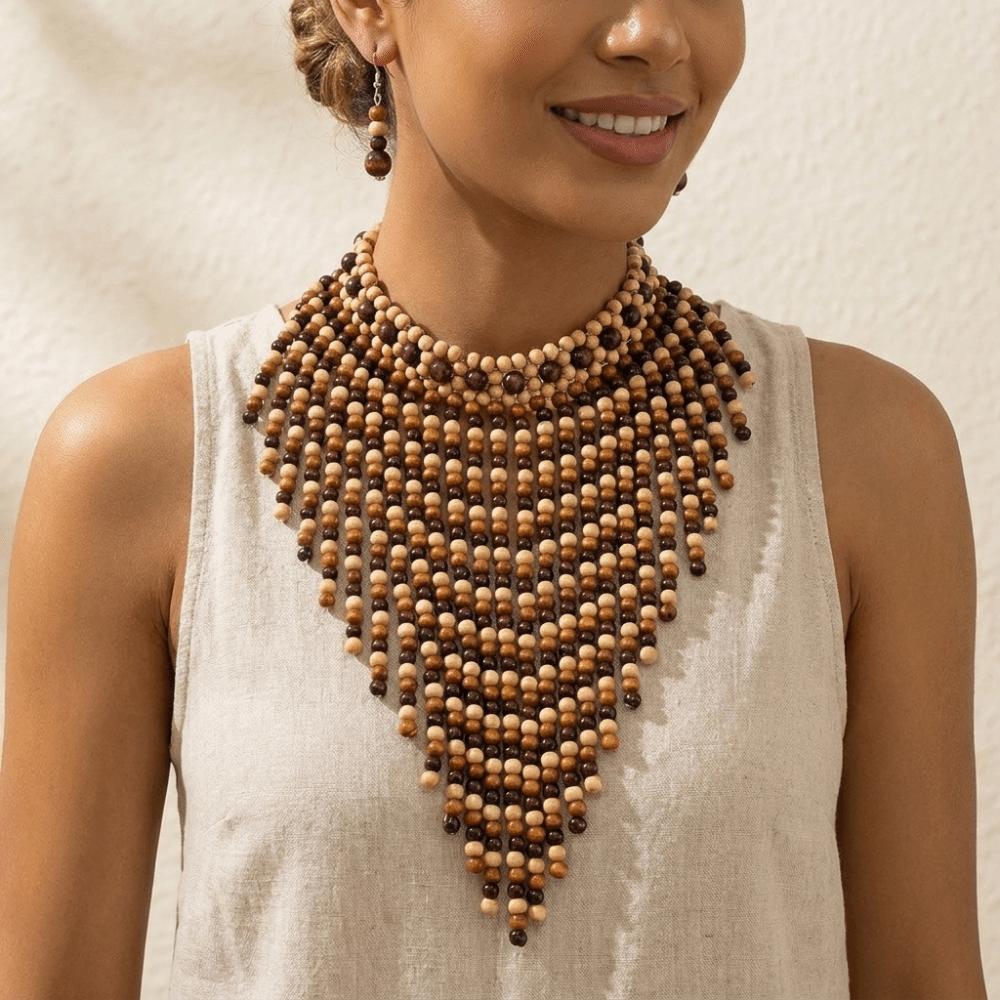 1920s Necklace Earrings Set Wood Ear Studs Elegant Tassel Necklace Evening