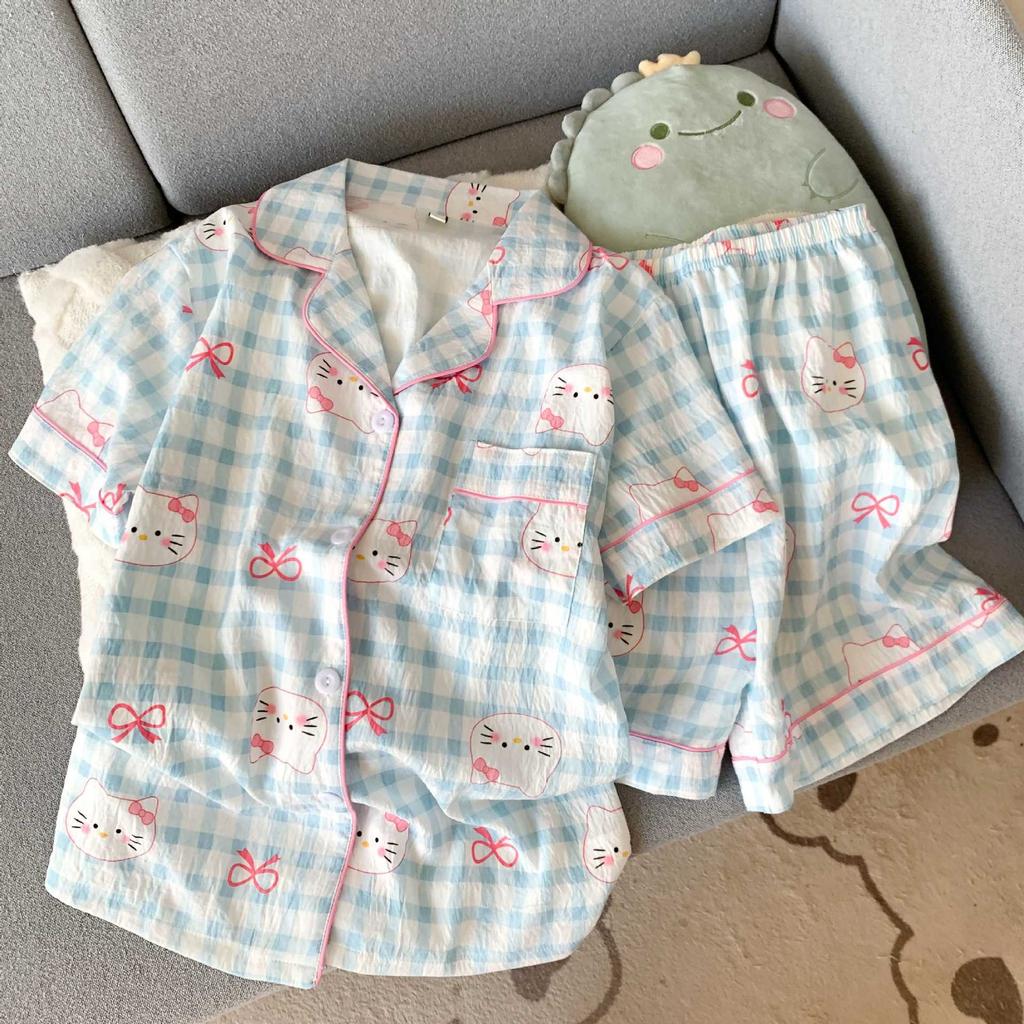 Летние новые пижамы женские с коротким рукавом шорты тонкий облачный хлопок мультяшный милый большой размер корейская версия домашняя одежда