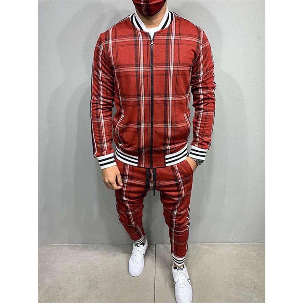 Zipper Set Colorful Plaid Men Casual Autumn Tracksuit Set Male Sweatshirt Pocket Fashion Jackets Men Tracksuit Sets Mens Set