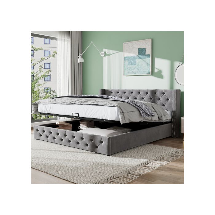 Lit double - MUVOE - 140x200 cm - Rembourré en velours - Tête de lit haute - Coffre de rangement hydraulique