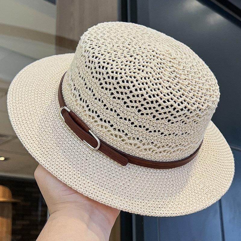 Belt Buckle Flat Top Straw Hat Retro Women'S Summer Uv Protection Sun Hat Hollow Breathable Vacation Sun Protection Top Hat