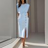 Women's Fashion Fashion Style Solid Color Round Neck Waist Split Metal Buttons Dresses