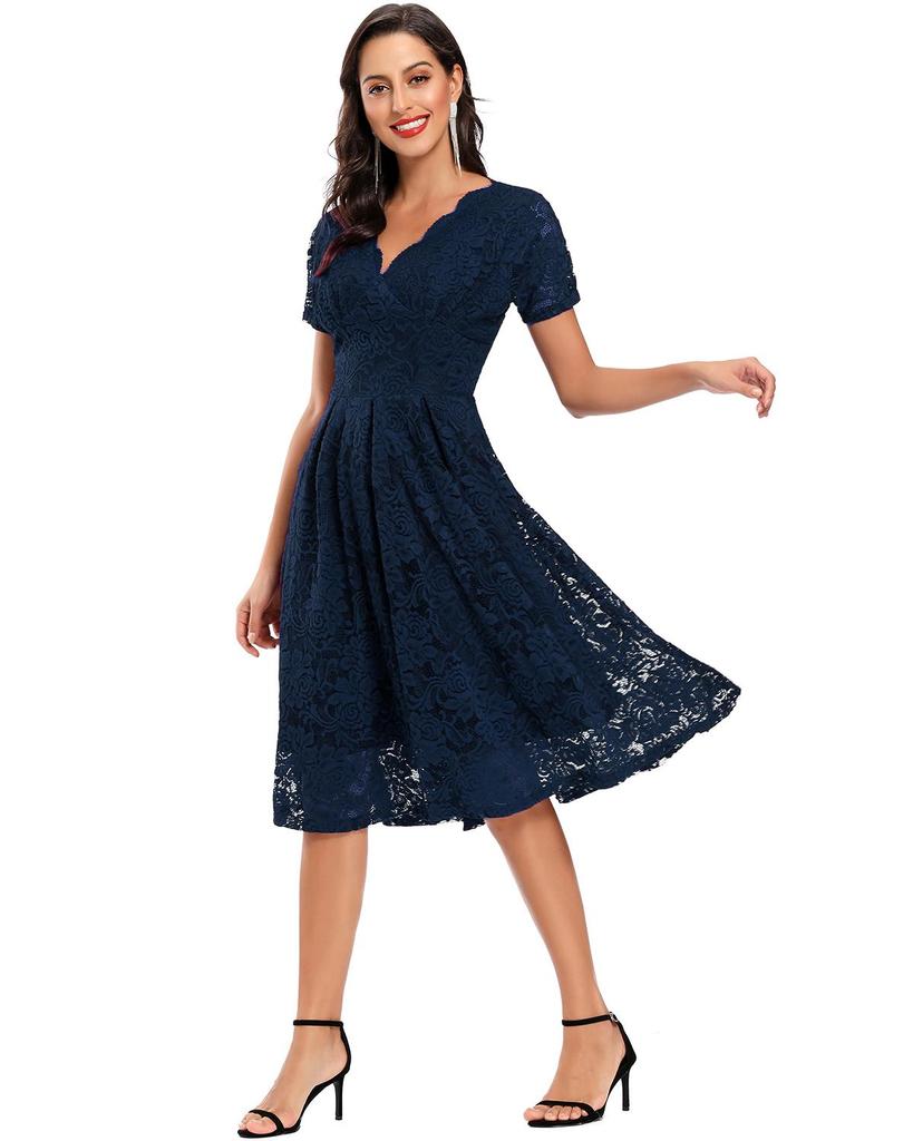 Женское кружевное платье миди с V-образным вырезом и короткими рукавами, приталенное по талии, для выпускного вечера, подружки невесты, гостя на свадьбе, вечеринки, коктейля, вечернего мероприятия