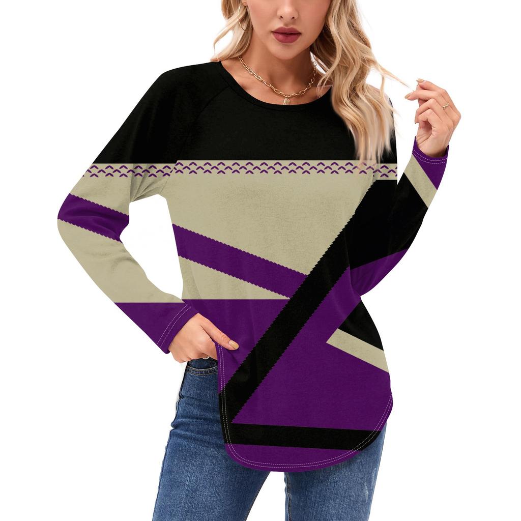 Женские рубашки с длинным рукавом, повседневная мода, туника с геометрическим принтом, топы с круглым вырезом, базовая свободная футболка